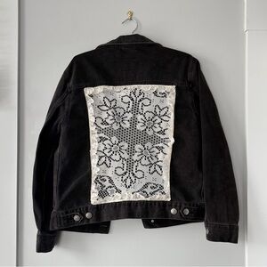 Handmade Upcycled Black Denim Jacket with Lace Detail